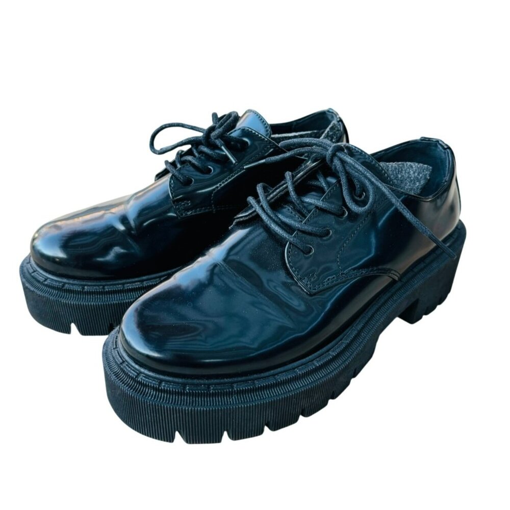 Black Patent Leather Platform Derby Lace Up Shoes Lug Soles Whimseygoth Punk